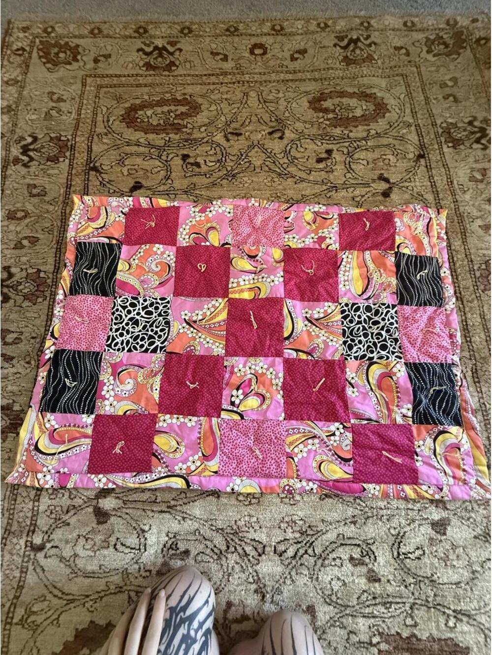 Handmade crib lap Pink, black, orange patchwork quilt with paisley and leopard